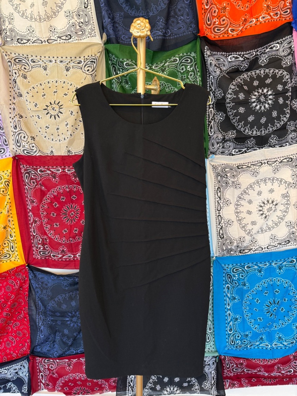 Calvin Klein Black Sleeveless Pleated Sheath Midi Dress